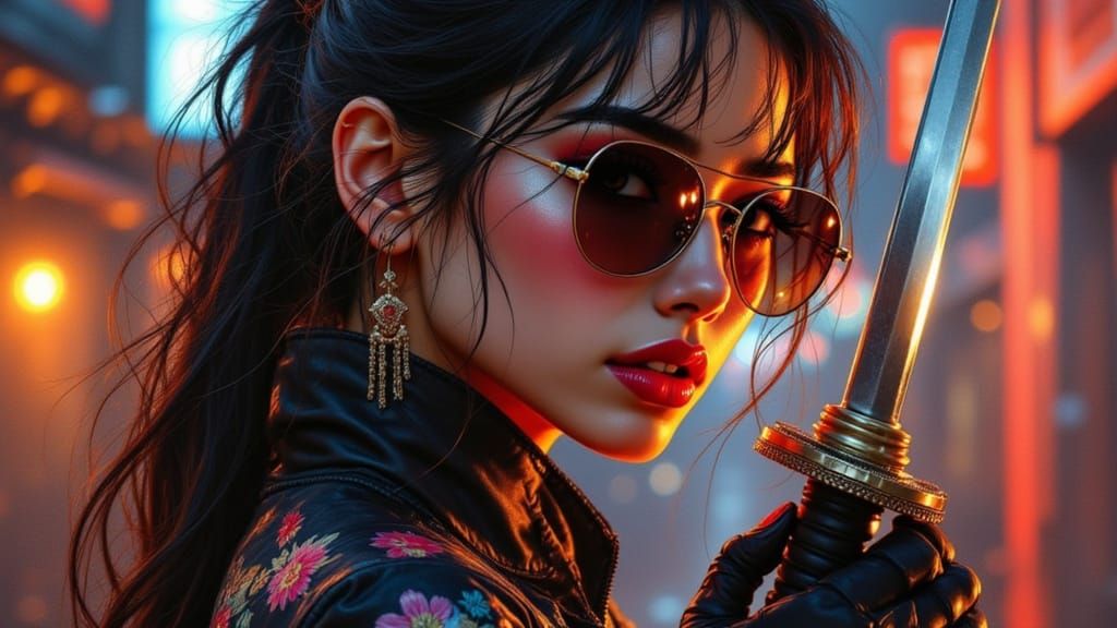 Cyberpunk Warrior in Neon City, Shirow and Mead Style