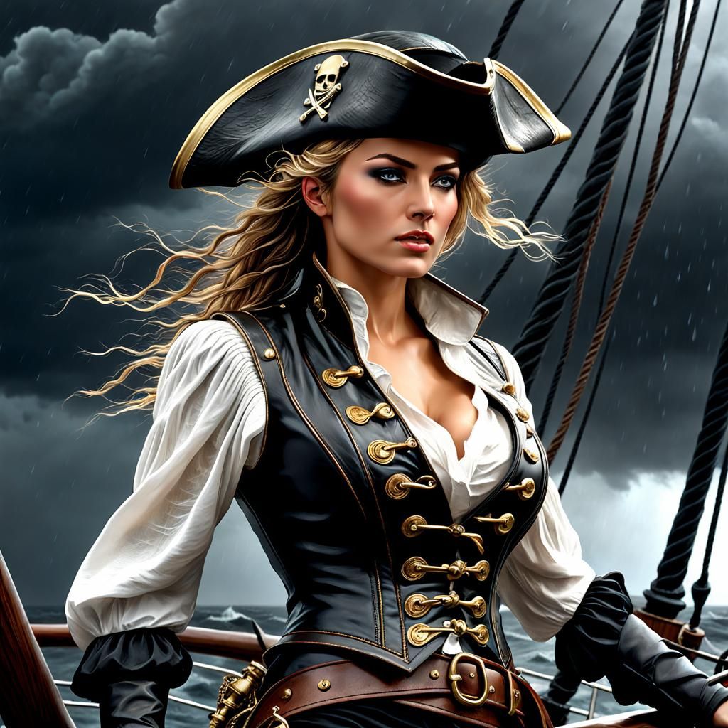 Female Pirate Ship in Storm, Digital Baroque Style