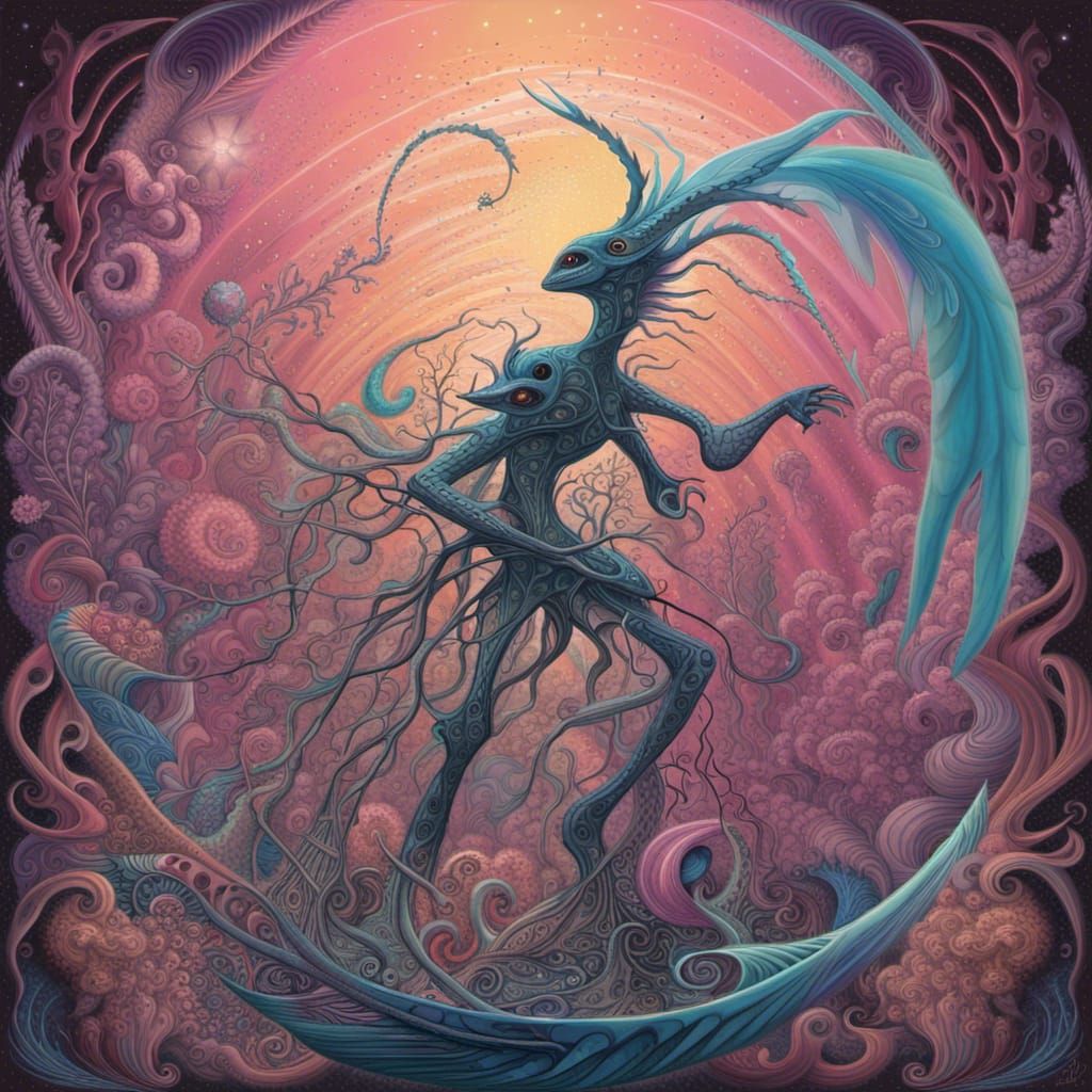 Alien Bird Creatures Dancing in Cosmic Fractal Light