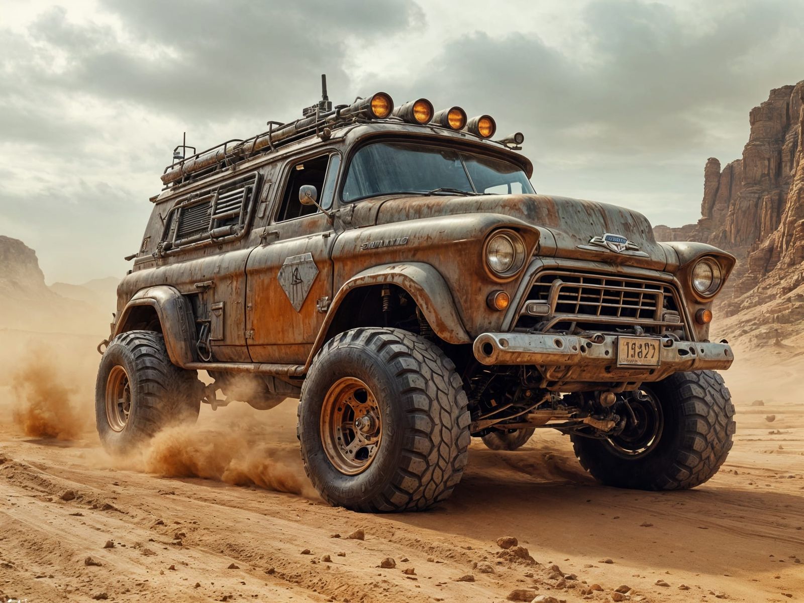 Post-Apocalyptic Battle Wagon in Desert Wasteland