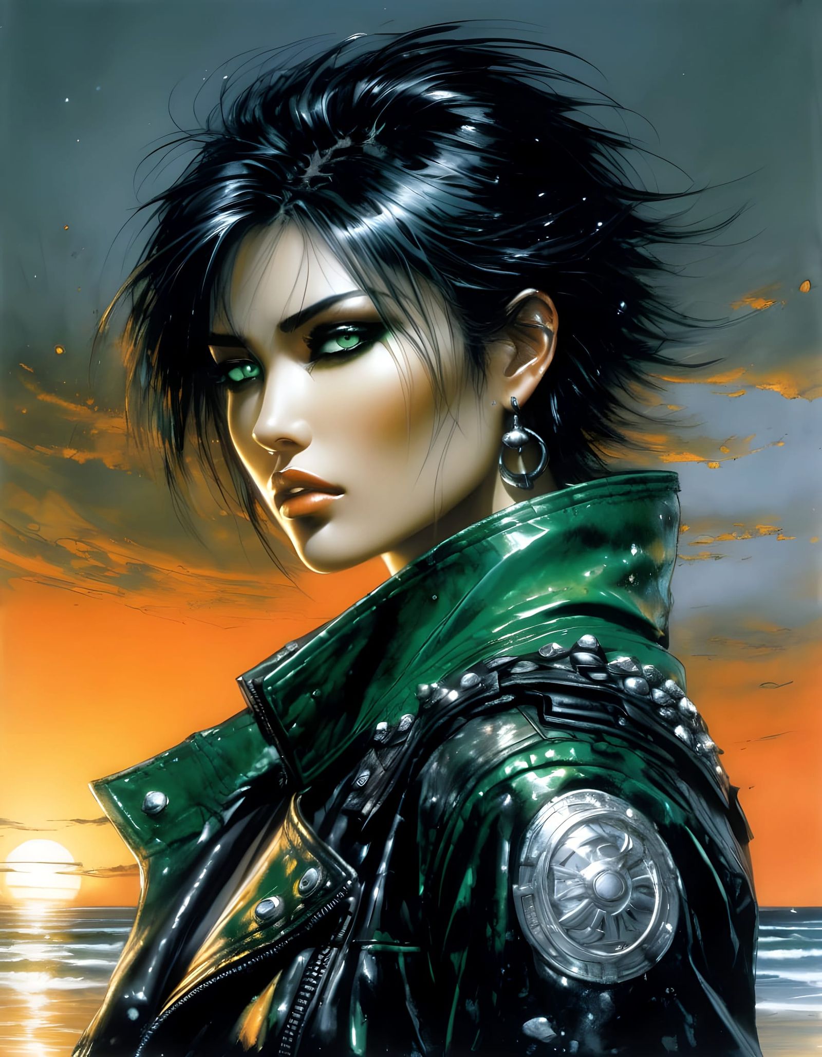 Sunset Portrait with Emerald Eyes in Abstract Style