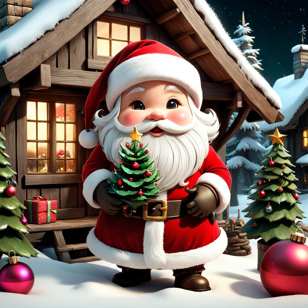 Chibi Santa Trimming Christmas Tree Fantasycore Artwork