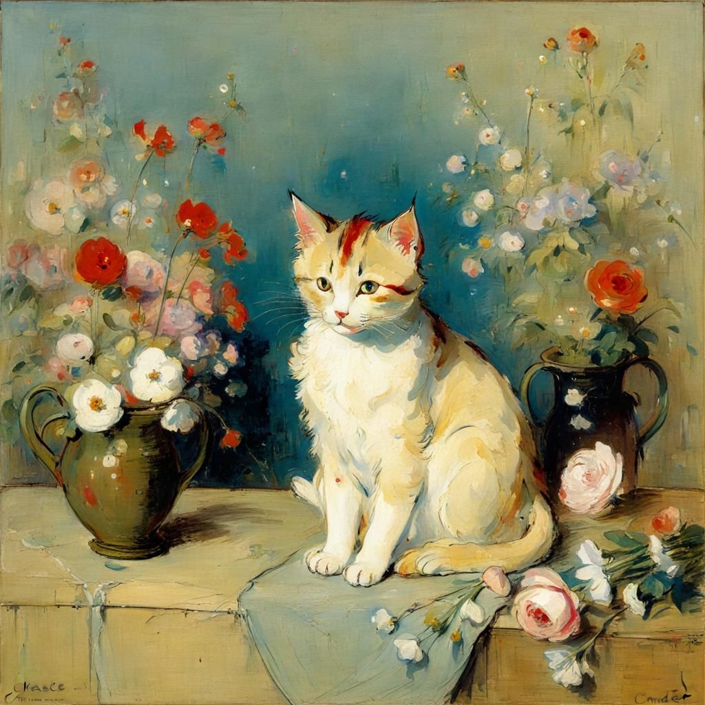 Cat with Flowers in Charles Conder Style