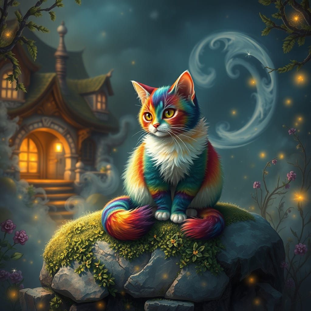Whimsical Rainbow Cat Guardians of a Mystical Realm