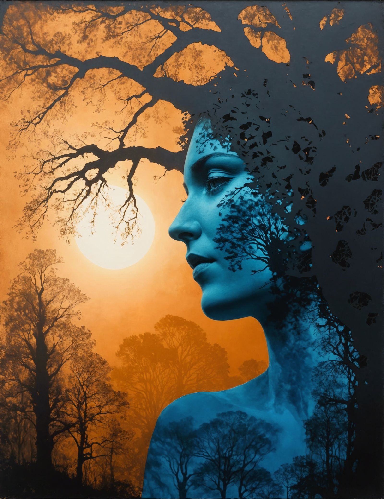 Dryad Goddess in Charcoal Cyanotype Style
