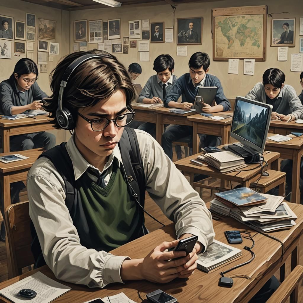 Student Absorbed into Phone: Surreal Digital Art