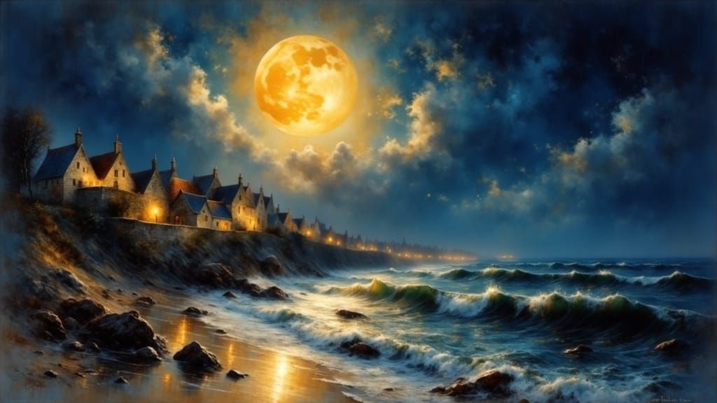 Coastal Village Under Moonlight in Impressionist Style