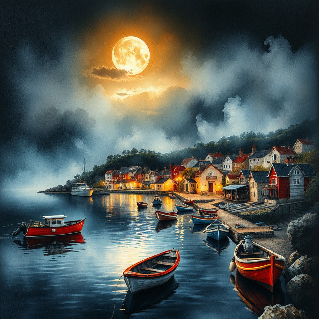 Moonlit Seaside Village Watercolor with Crystal Details