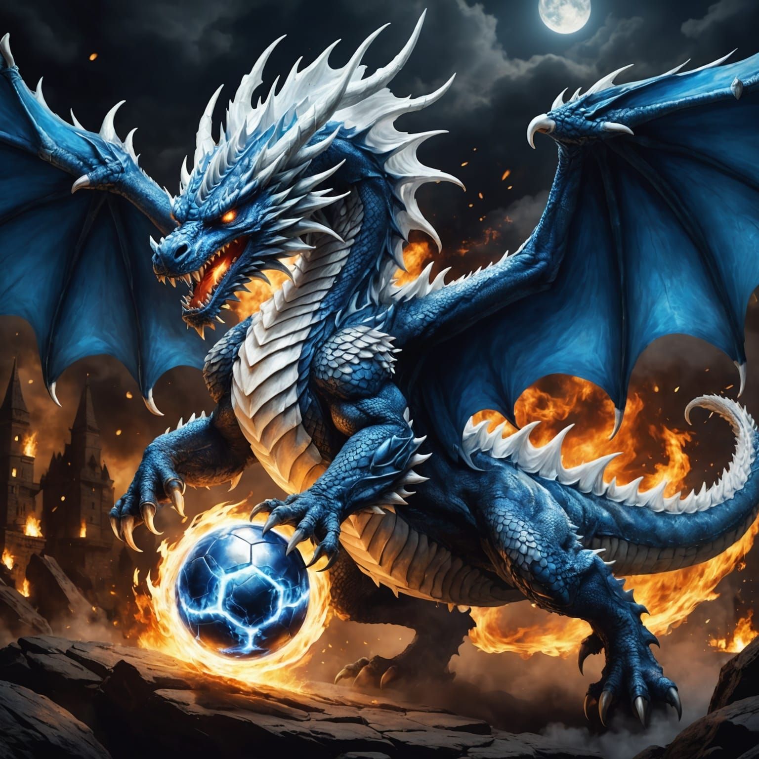Majestic Blue Dragon Defending Fire Ball