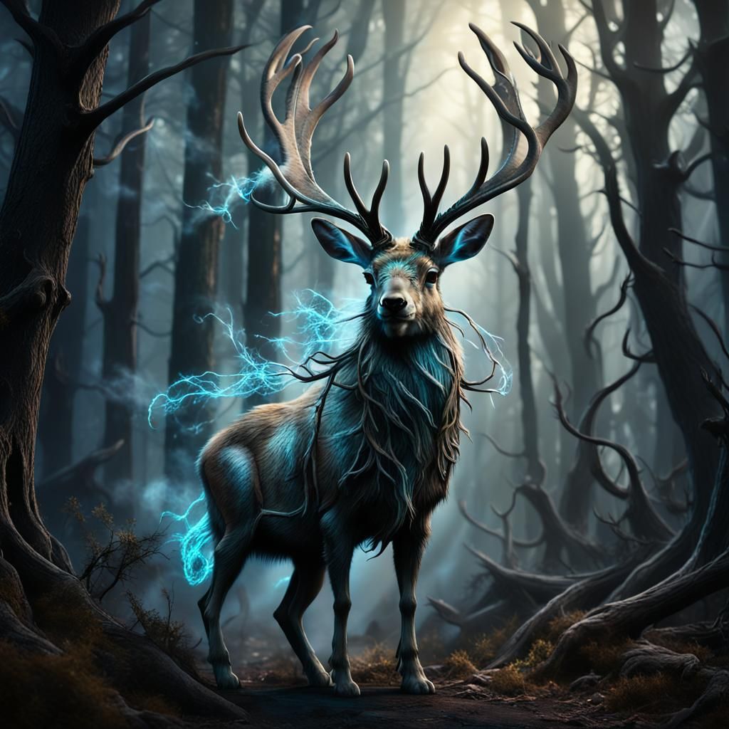 Fairy Riding Jackalope in Gothic Forest