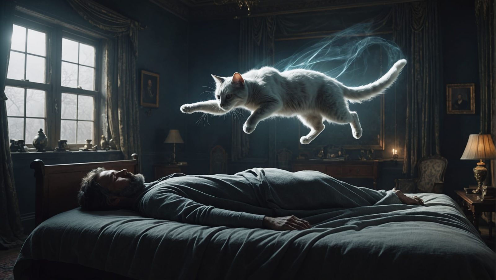 Ghostly Cat Watches Over Sleeping Man