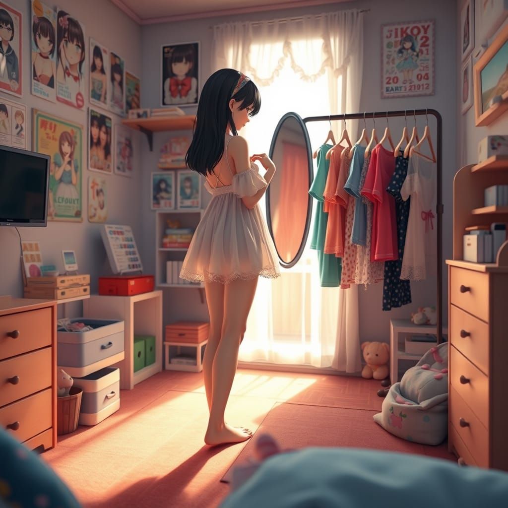 Adorable Girl in Cozy Bedroom with Anime Decor