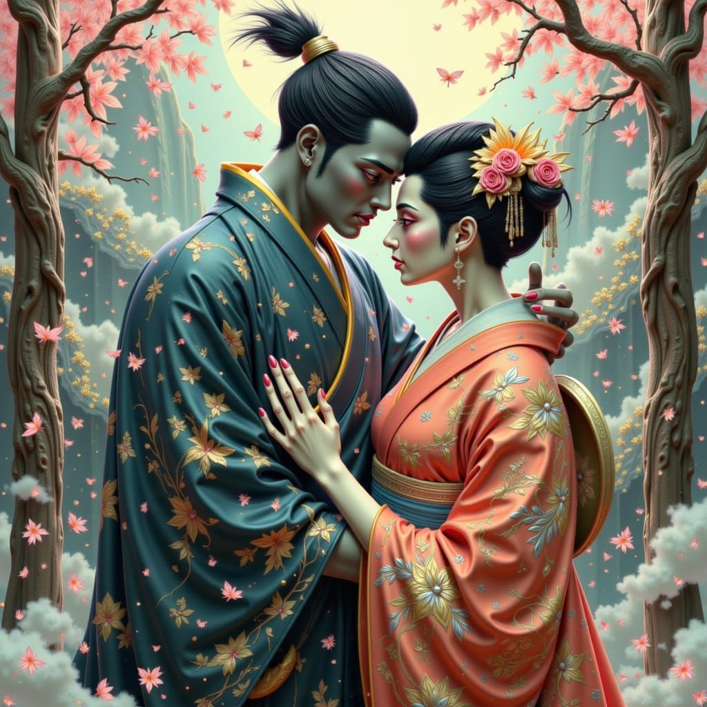 Geisha and Samurai Embrace in Watercolor Art Deco Landscape