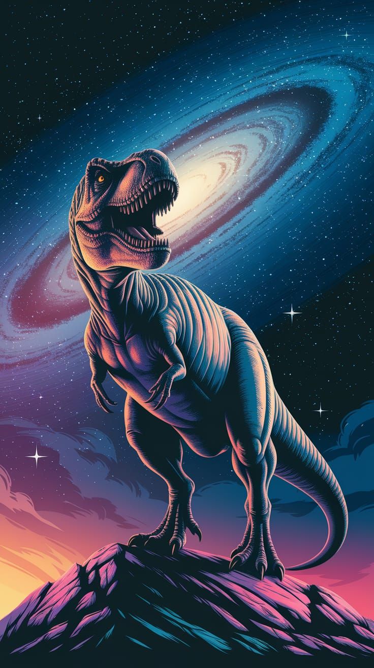 Majestic T-Rex Under Starry Night Sky in Vibrant Digital Art