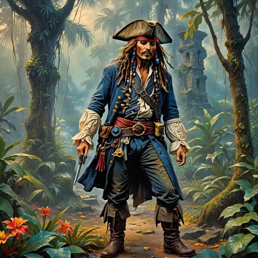 Pirate Captain in Jungle, Neo-Impressionist Oil Painting