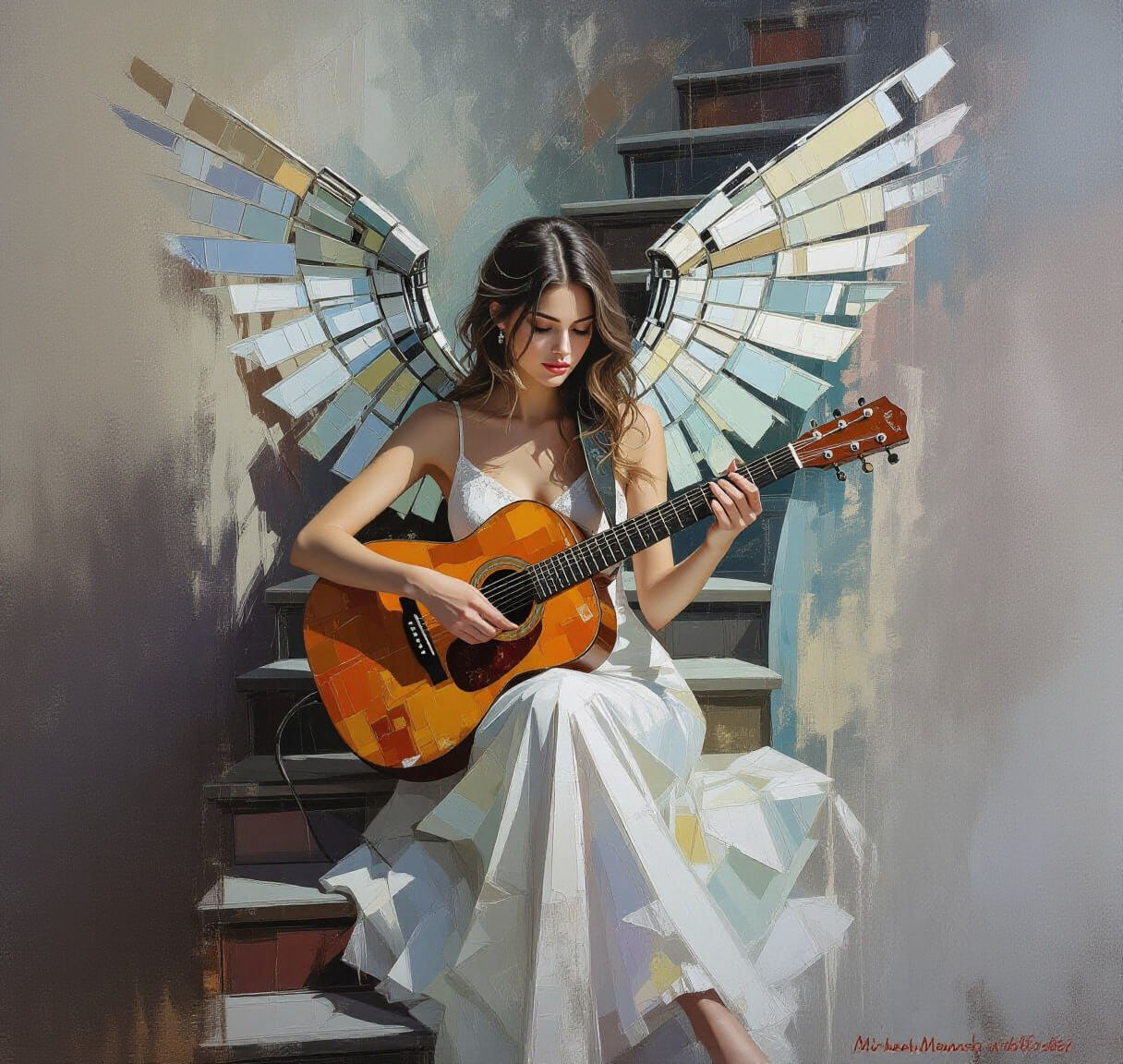 Woman Guitarist with Mechanical Wings, Digital Impasto