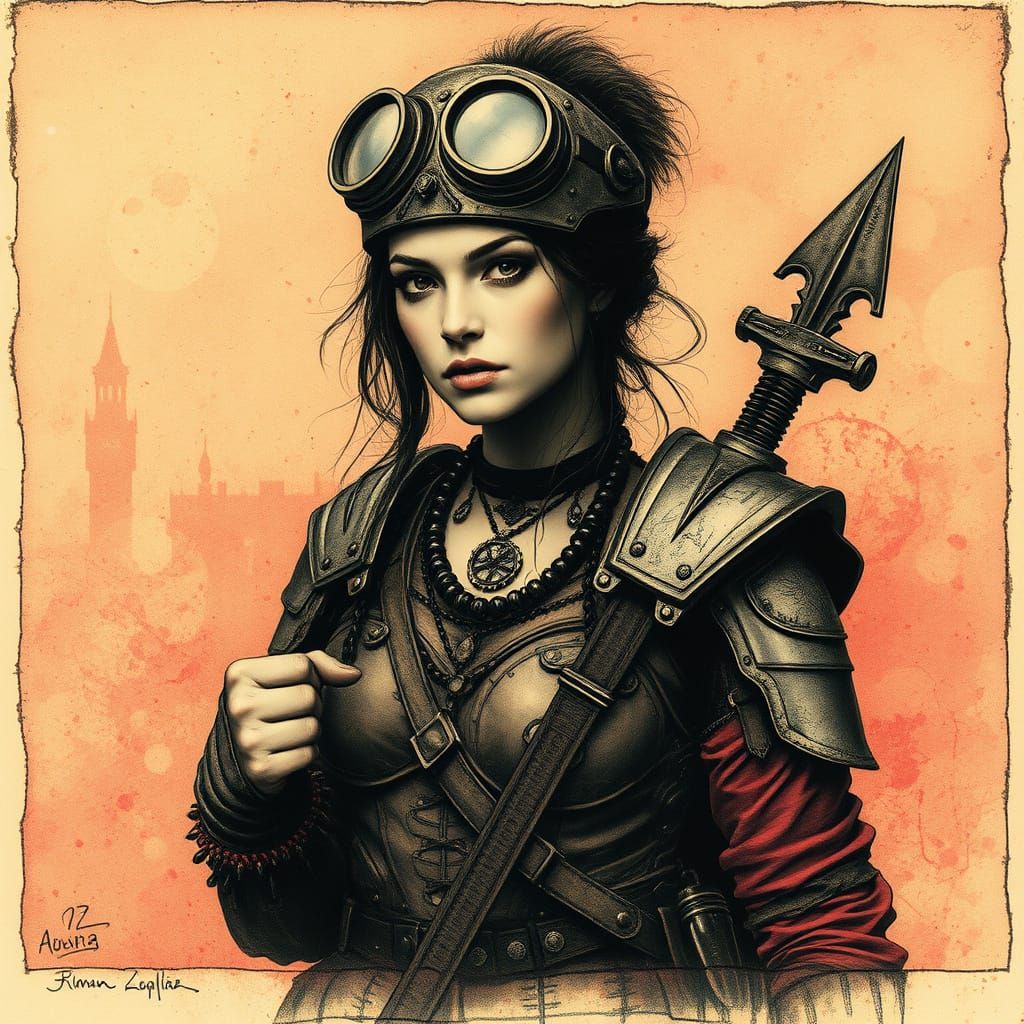 Steampunk Warrior Princess in Aquatint Etching