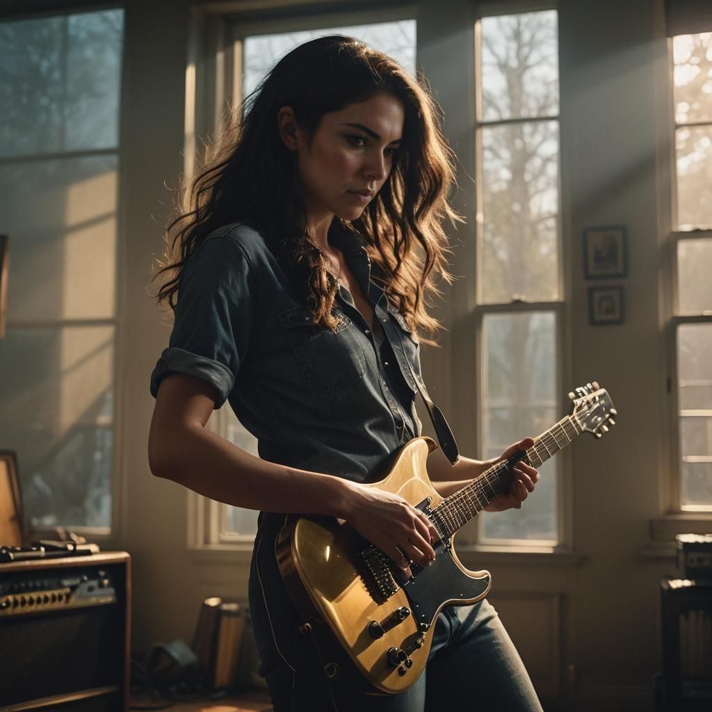 Hyperrealistic Woman Playing Electric Guitar in Studio