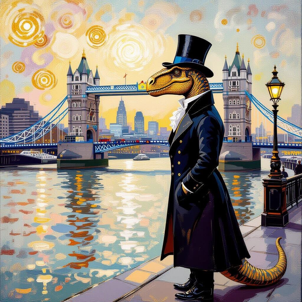 Dapper Brontosaurus Gazing at London in Impressionist Style