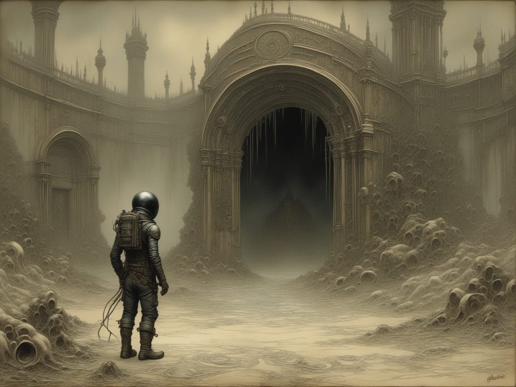 Astronaut at Alien Structure in Sci-Fi Landscape