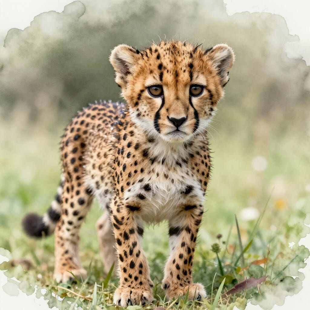 Cute Baby Cheetah Cub in Wet on Wet Watercolor Style