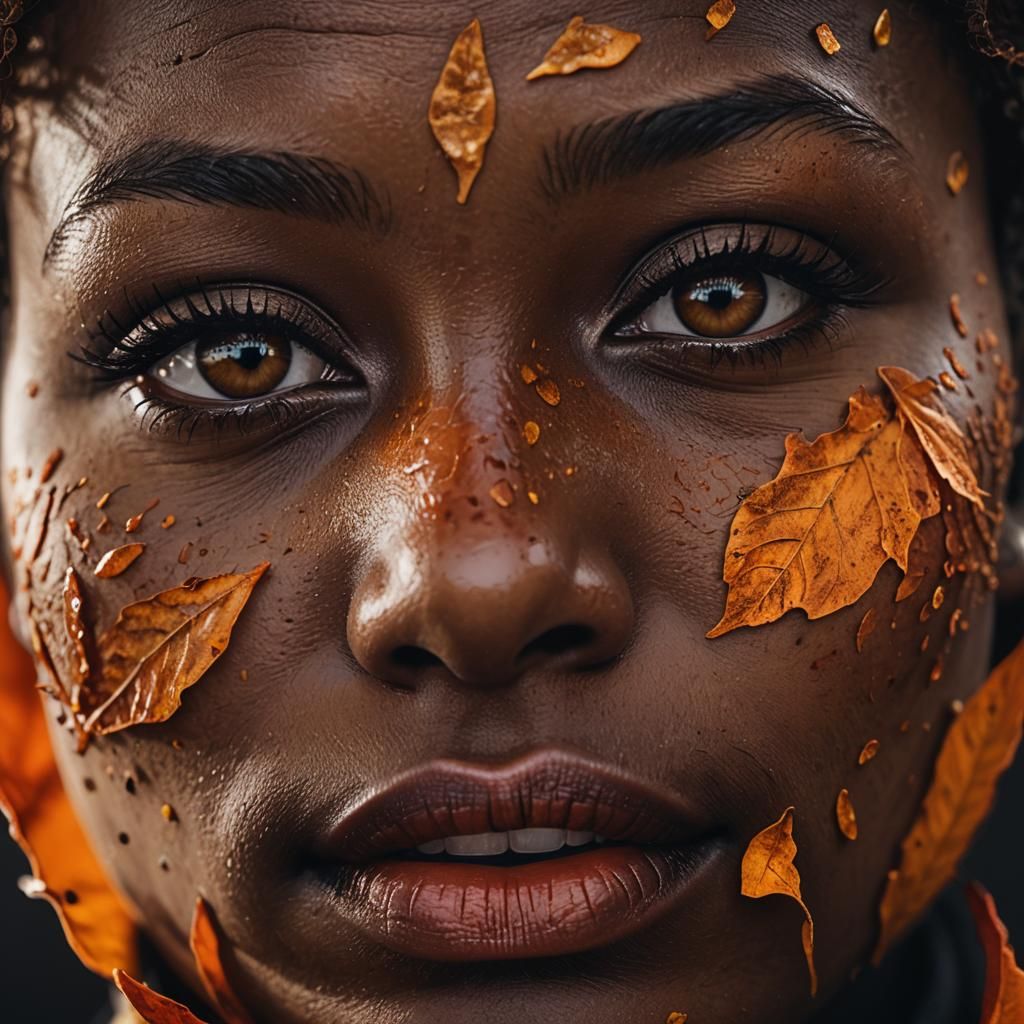 Macro Portrait: Woman's Lips with Autumn Leaf