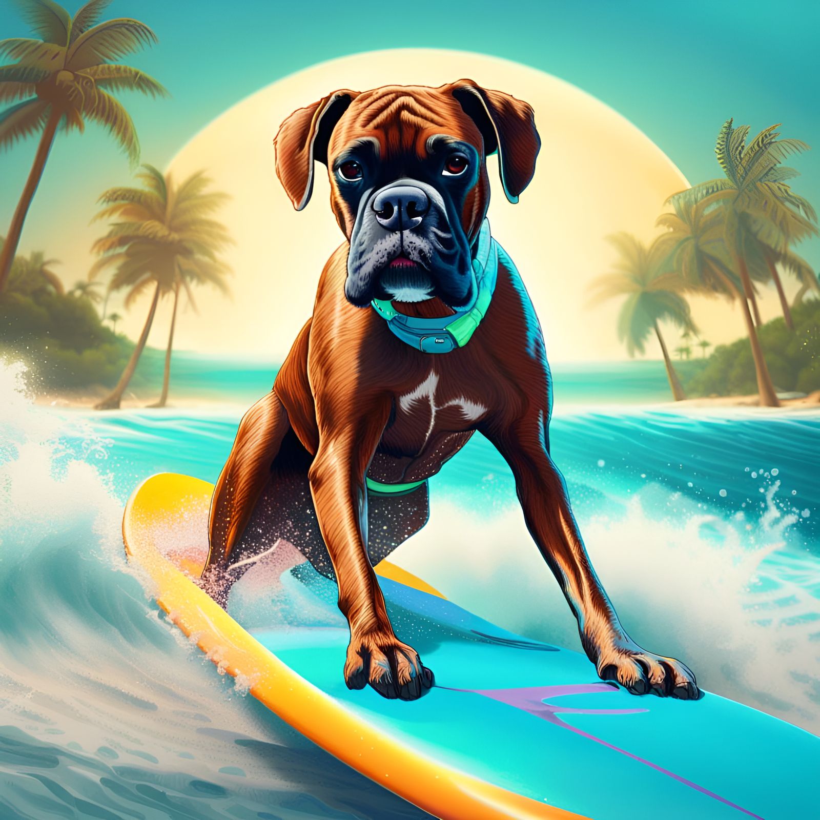 Boxer Dog Surfer on Azure Waves: Hyperrealistic Splash Art