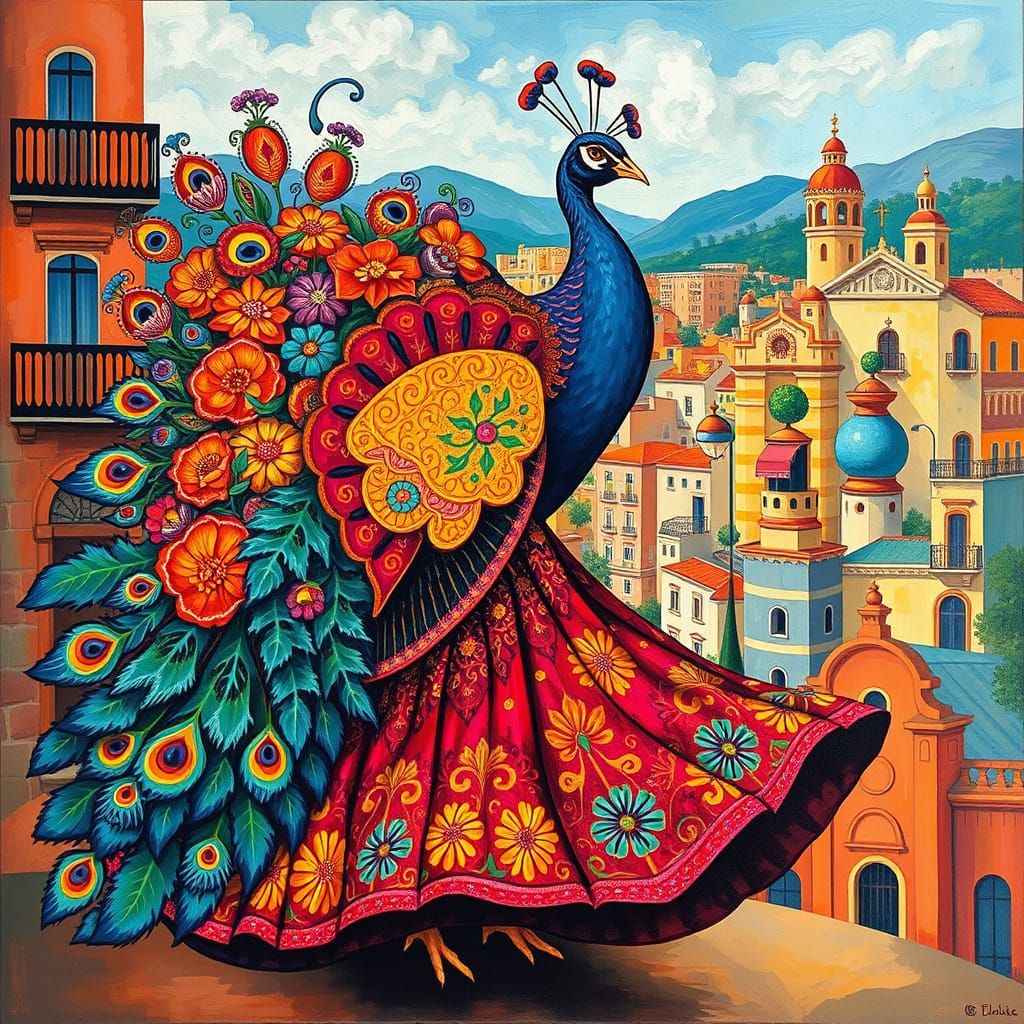Peacock Flamenco Dancer in Surrealist Cityscape