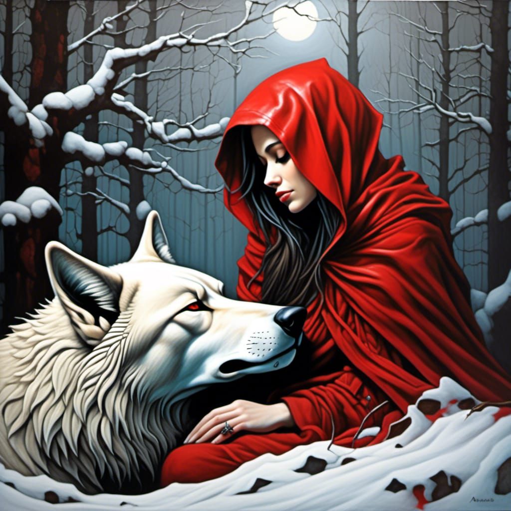 Woman in Red Hood Hugging Wolf