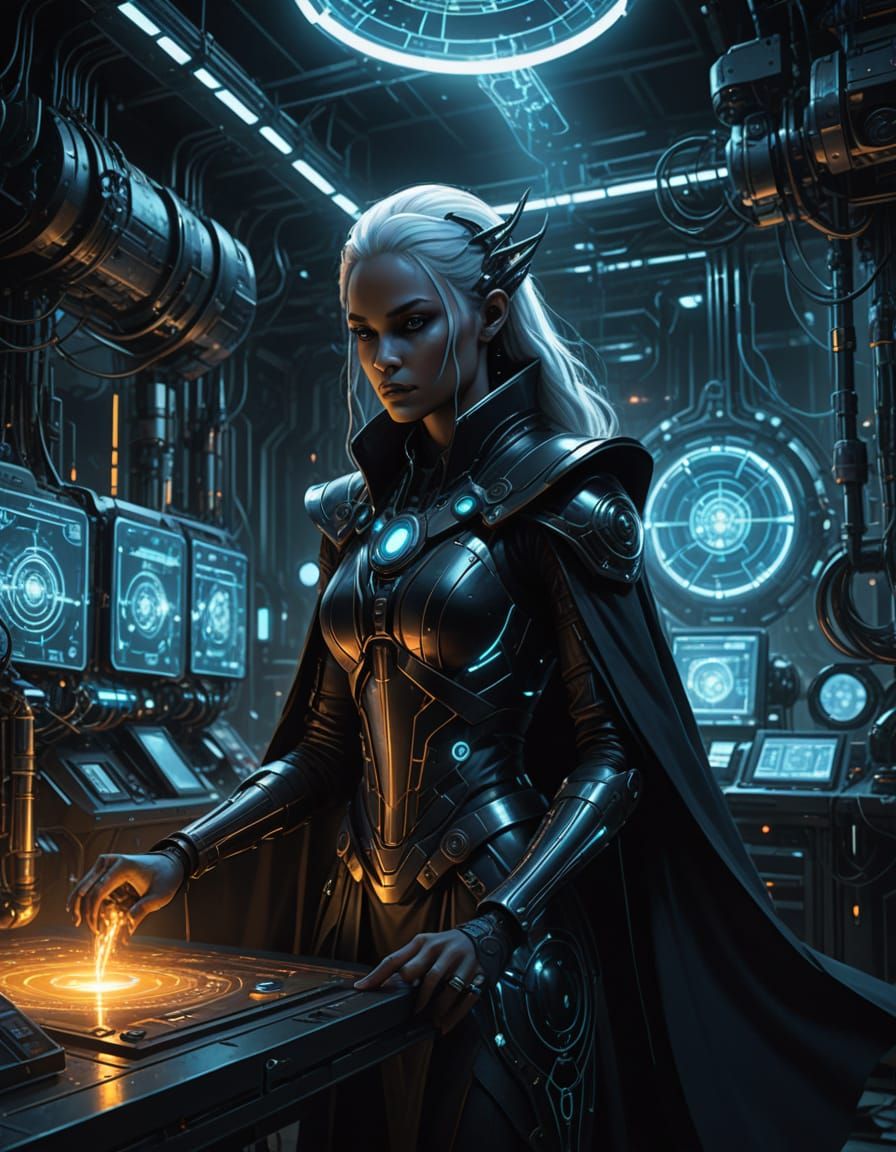 Drow Sorceress in Cyberpunk Laboratory: Fantasy Art