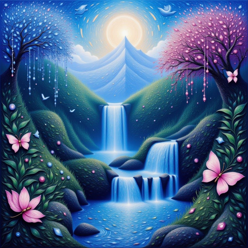 Ethereal Secret Garden Waterfall in Anime Realism