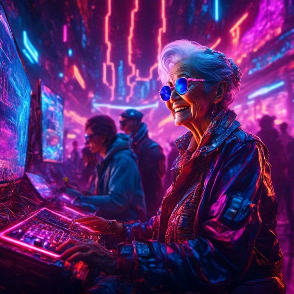 Cyberpunk Granny in Neon Metropolis