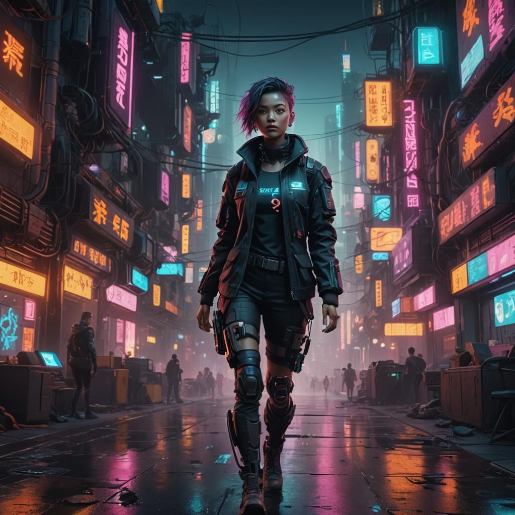 Cyberpunk Traveler in Neon Cityscape