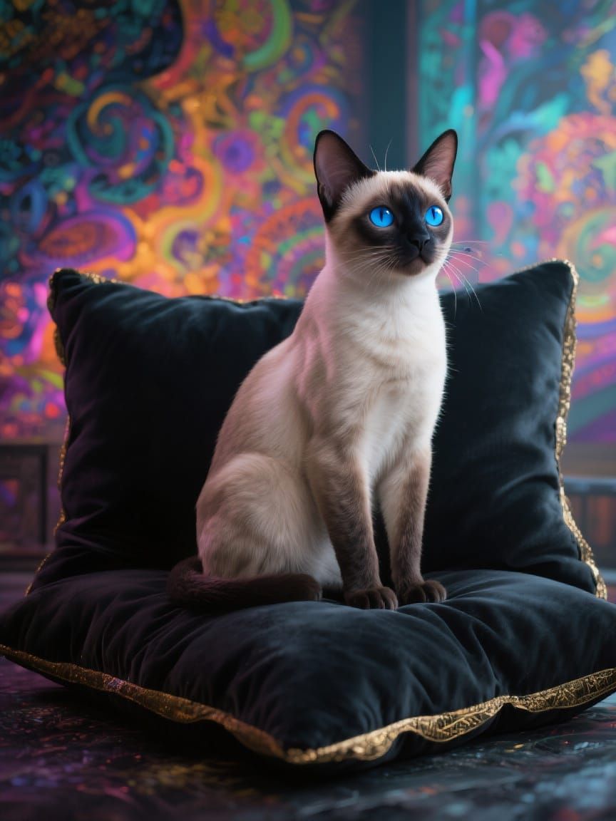 Blue-Eyed Siamese Cat on Pillow, Photorealistic Digital Art