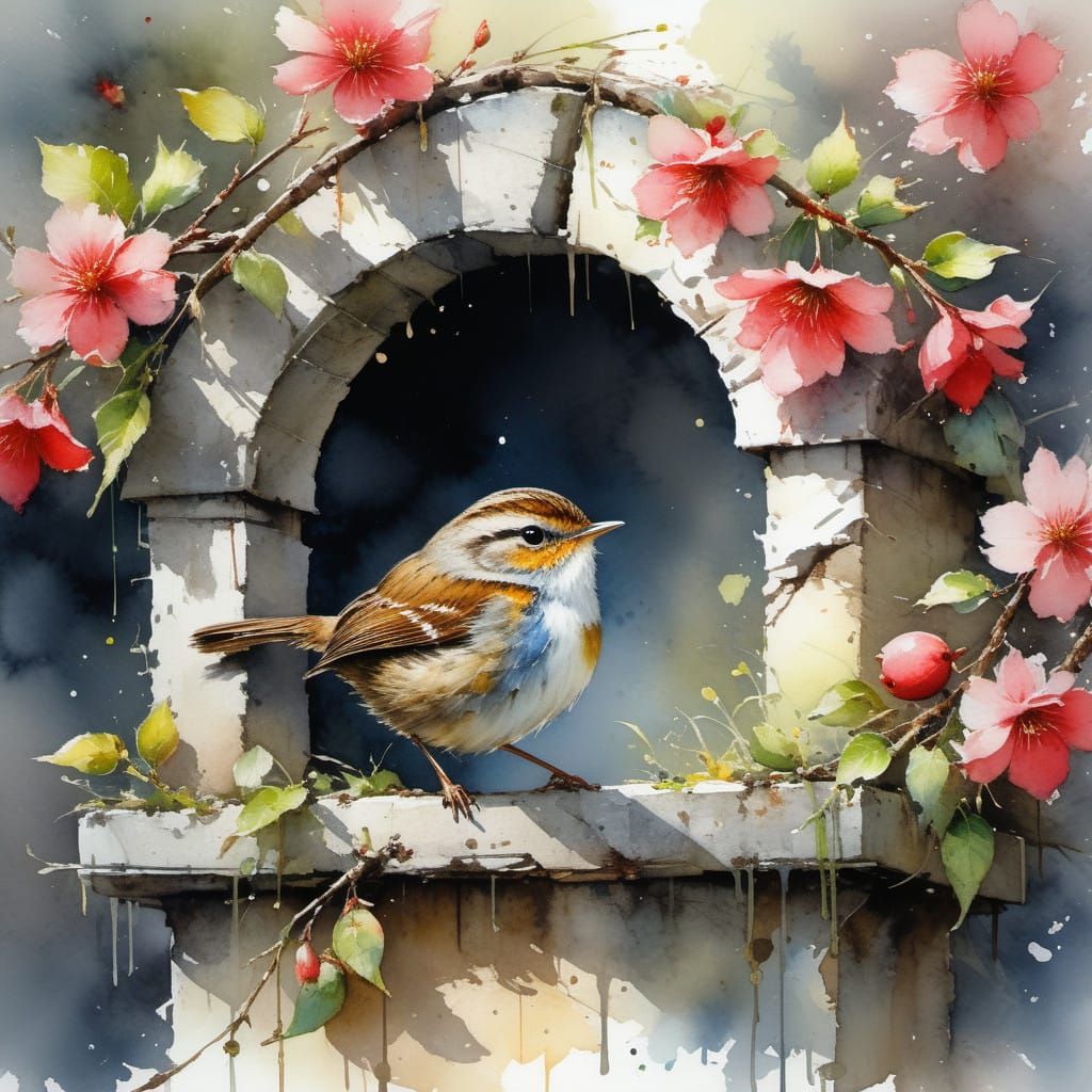 Whimsical Watercolor Wren Amidst Blossoming Apple Tree