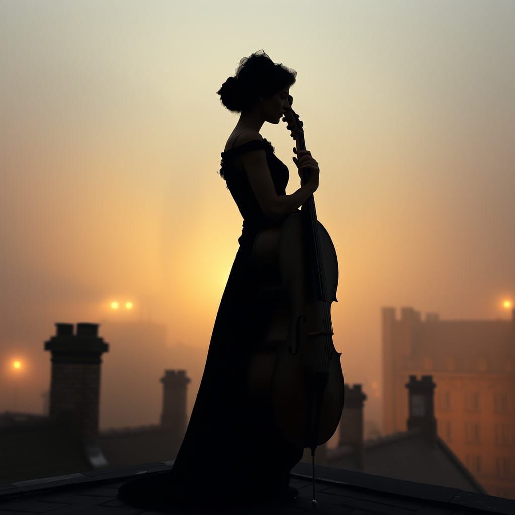 Elegant Victorian Cellist Silhouette on Castle Rooftop