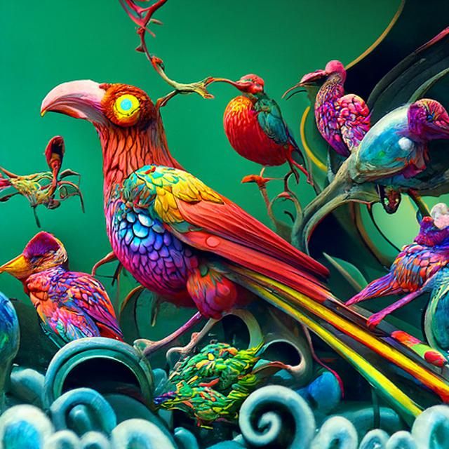 Psychedelic Tropical Birds Mural in Geometric Style