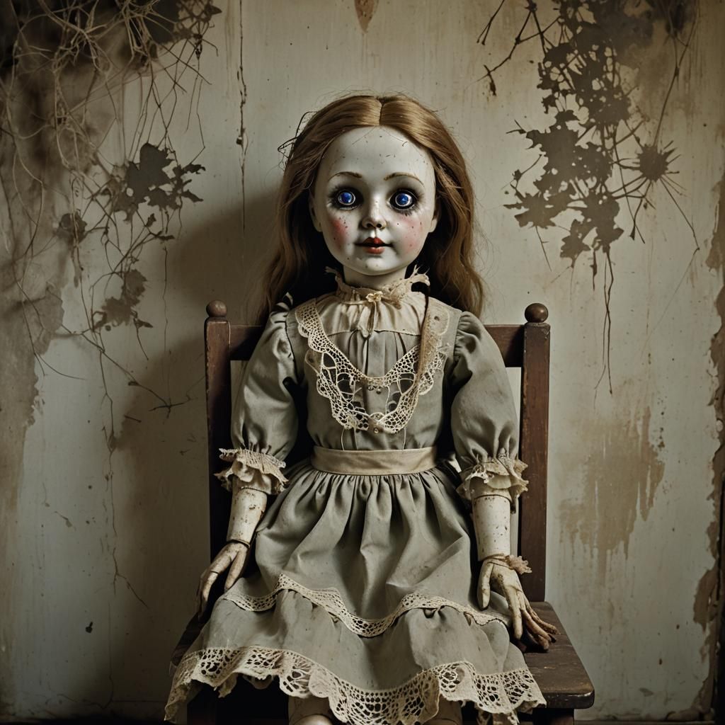 Eerie Doll with Glowing Eyes in Haunted Room