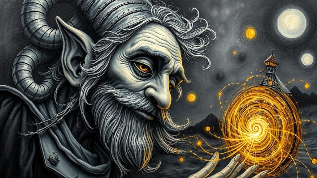 Rumpelstiltskin Spinning Gold in High Contrast Oil Impasto