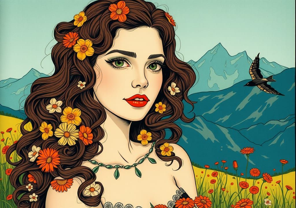 Woman in Meadow, Mucha-Inspired Cel-Shaded Ink Art