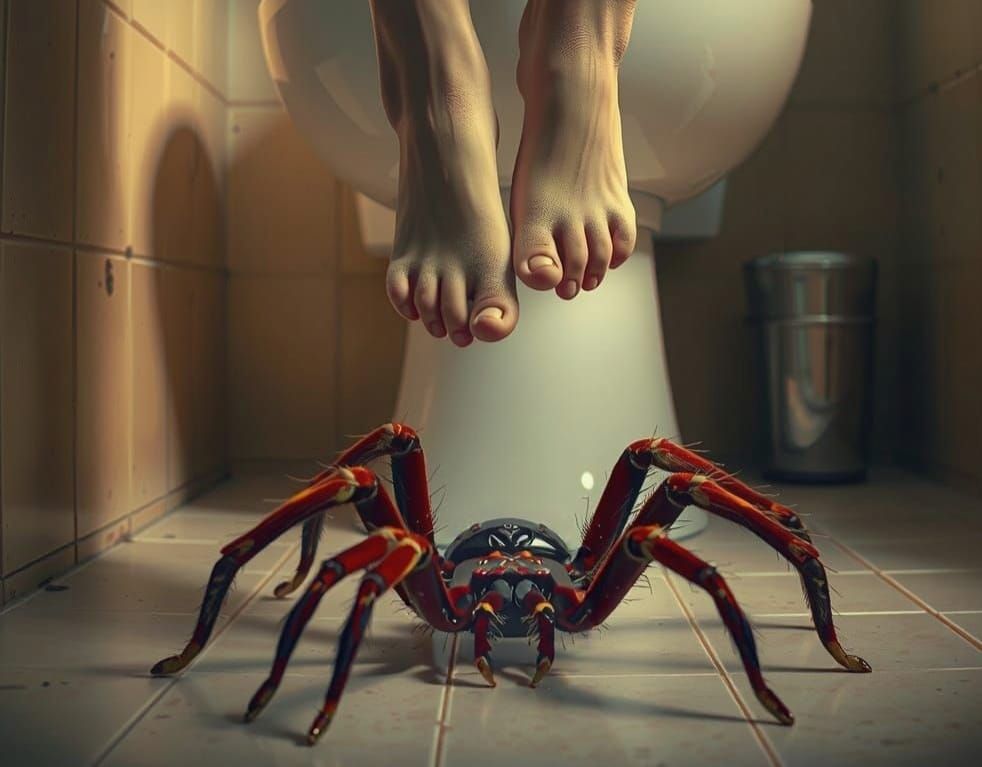 A Woman's Feet in Fright as a Red Tarantula Crawls on the Fl...