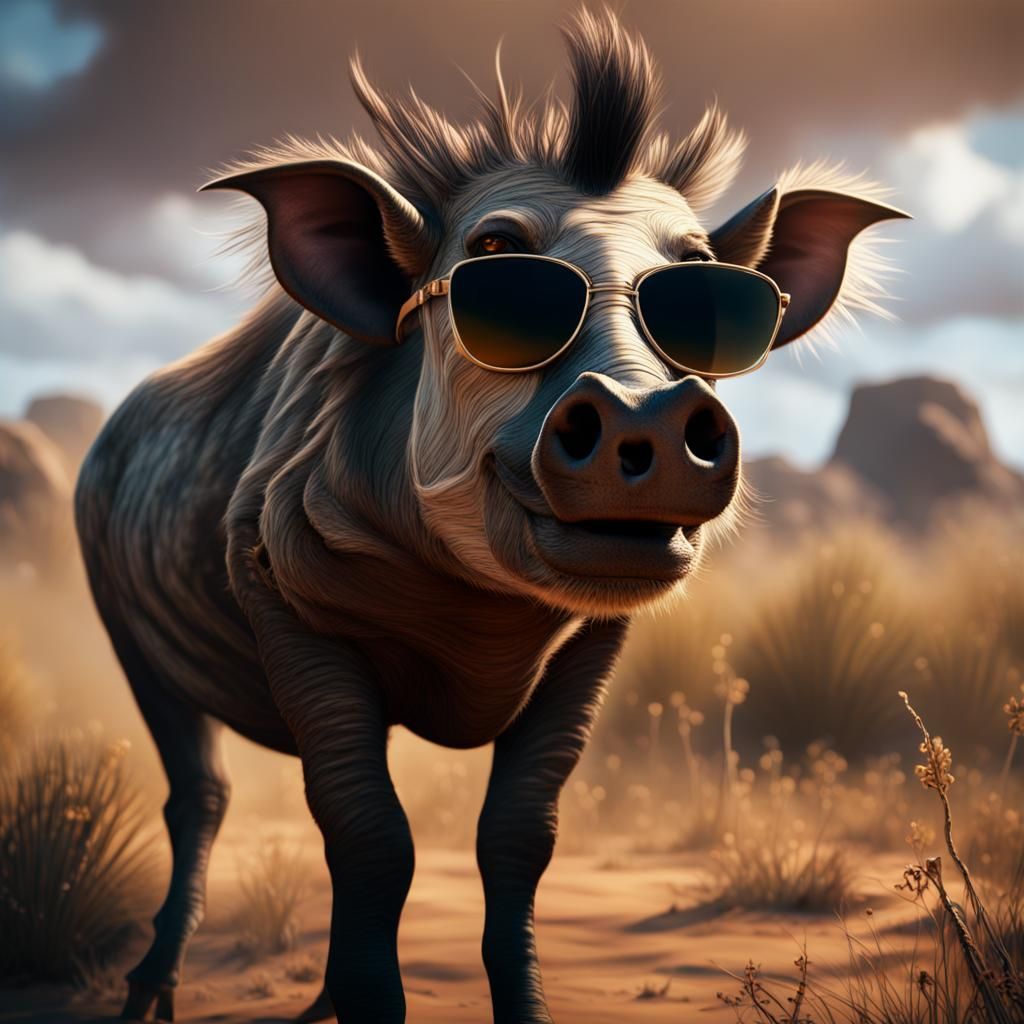 Sunglasses-Wearing Warthog in African Savannah