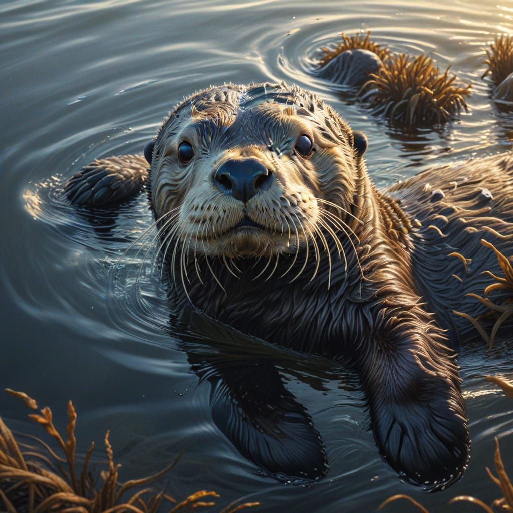 Friendly Sea Otter Dives and Floats in Warm Ocean Light