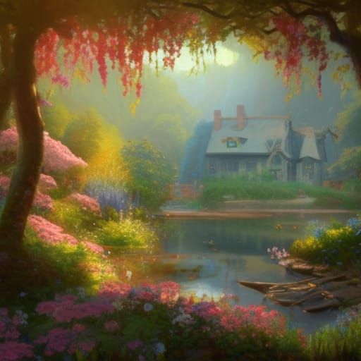 Idyllic Cottagecore Village with Lush Flower Garden