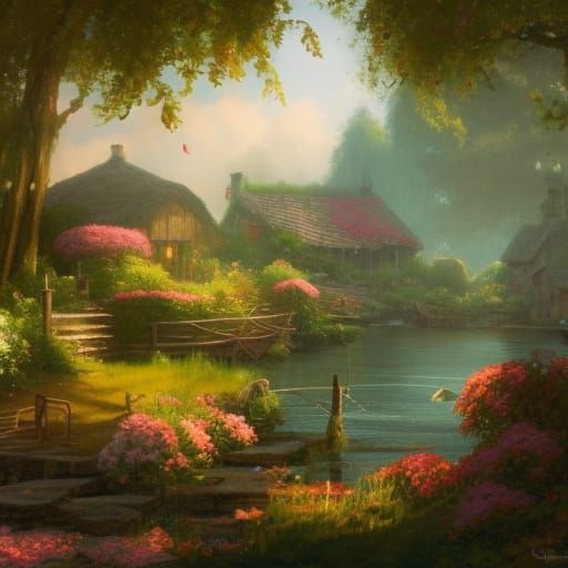 Cottagecore Village by Lake With Lush Garden