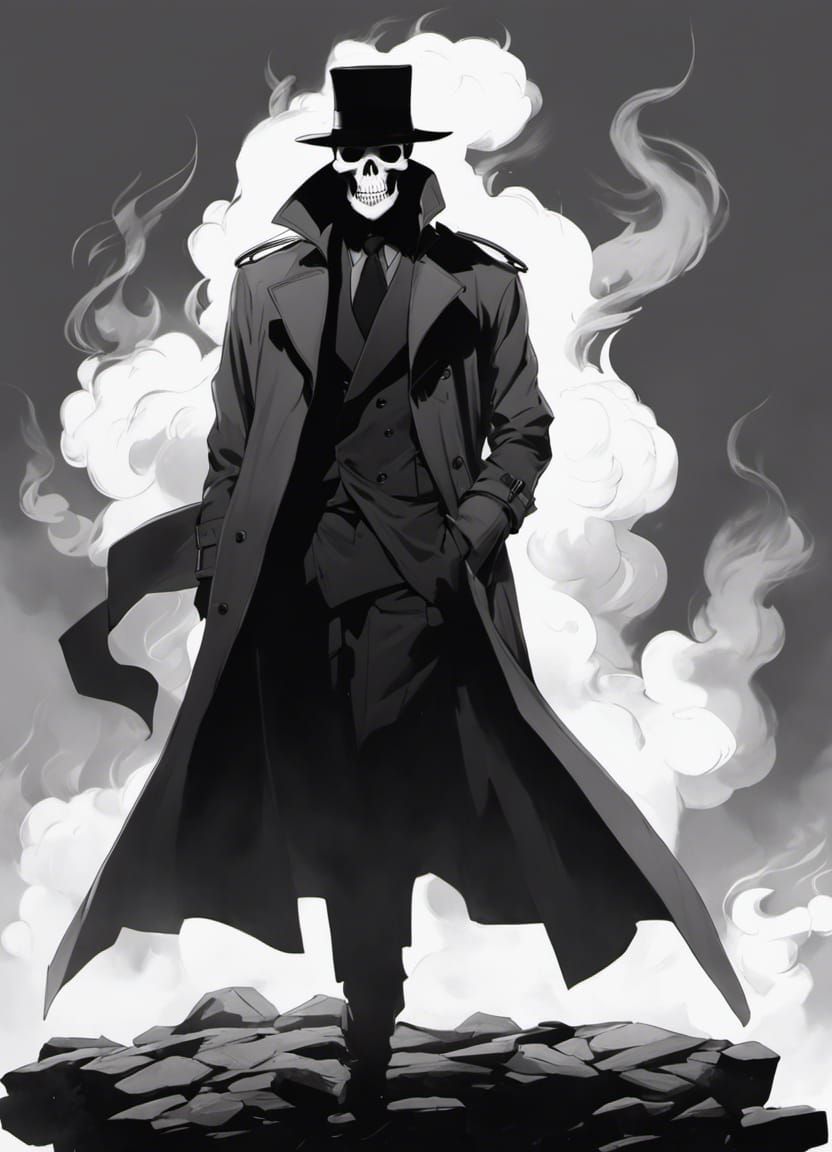 Monochrome Skull Man in Trench Coat Character Design