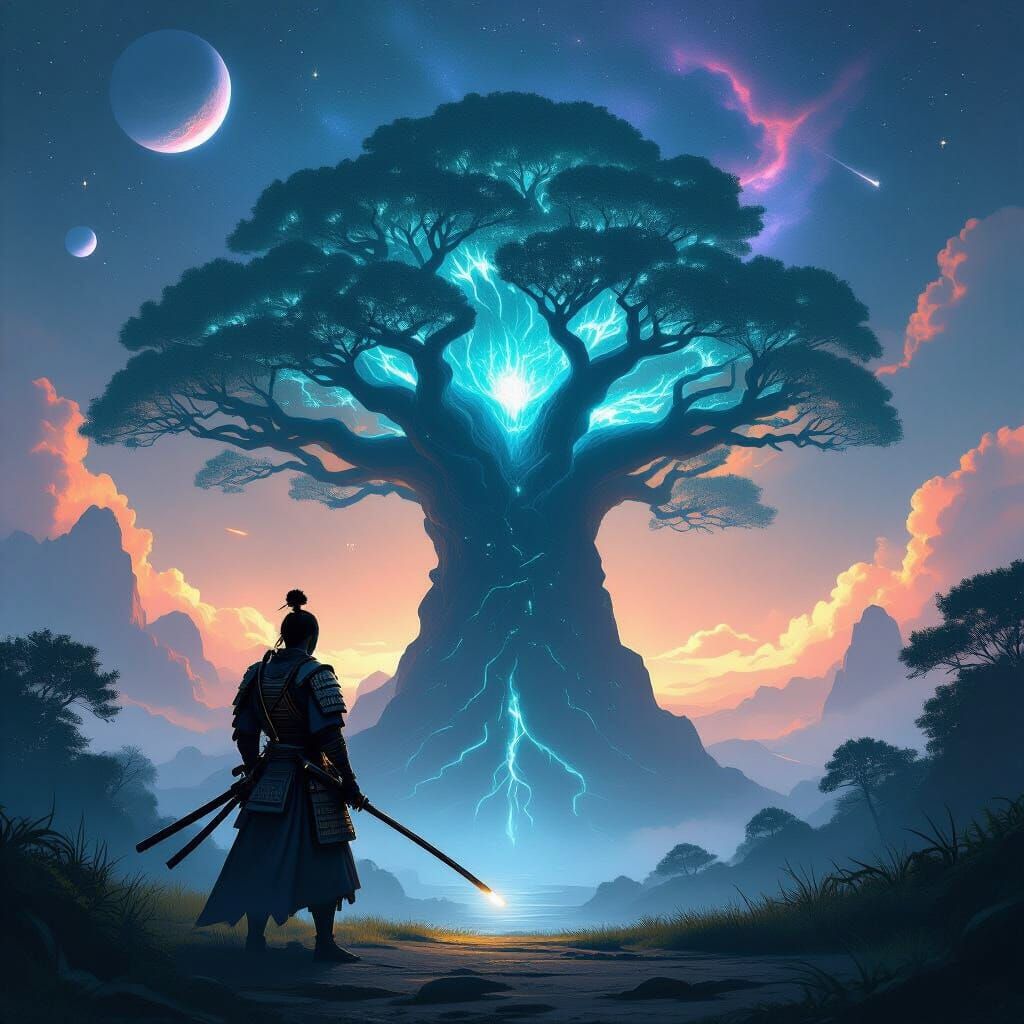 Samurai Guarding Bioluminescent Tree in Epic Sci-Fi Landscap...