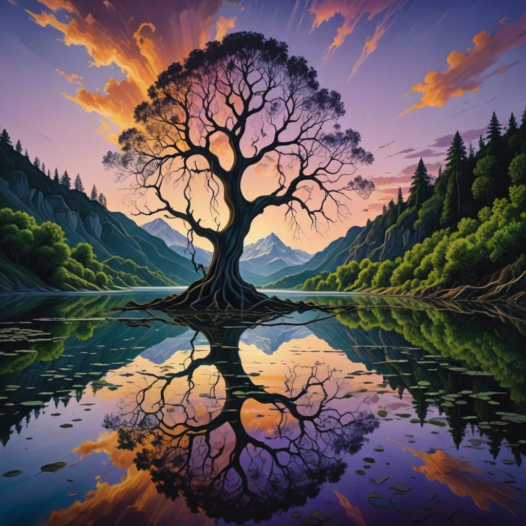 Surreal Impressionistic Landscape with Lake Reflection