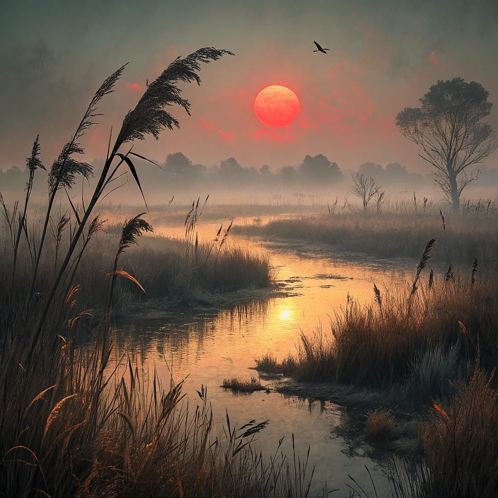 Sunset over a misty marshland, where the glowing red sun diffuses light through dense, dreamlike fog.