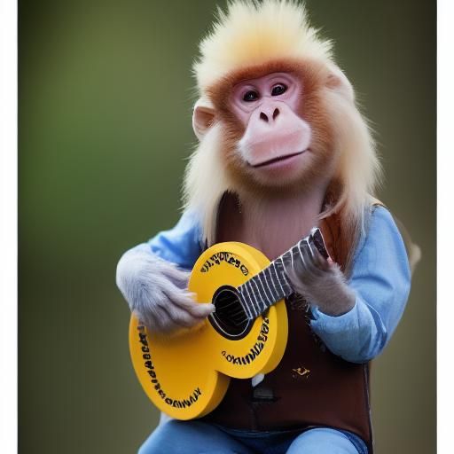 A guitar playing monkey with a Joe Dirt looking blonde mulle...